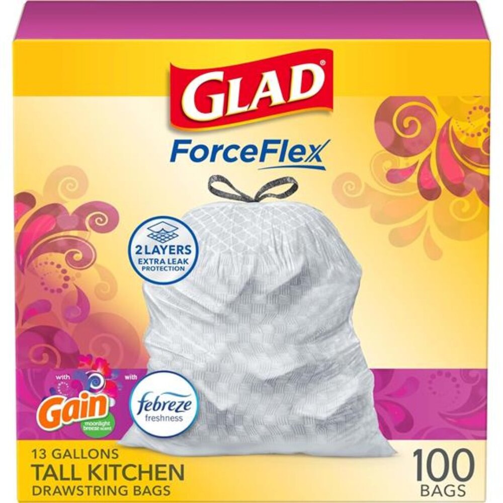 ForceFlex Tall Kitchen Trash Bags, 13 Gal,‎ Gain Moonlight Breeze, 100 Ct